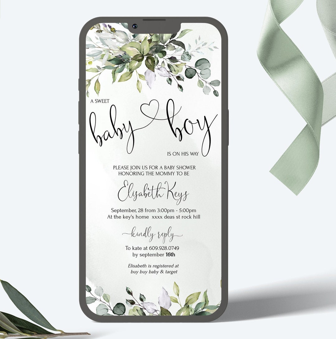 HEART Baby Shower Electronic Invitation Template, Greenery Baby Shower
