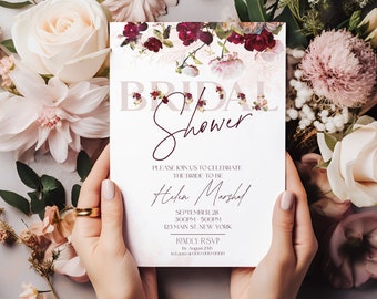 Burgundy Floral Bridal Shower Invitation Template (Printable)