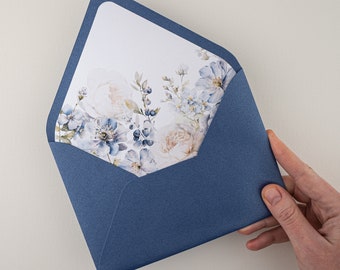 Blue Navy Printed Wedding Envelope, Dusty blue flower Envelope For Invitation, Handmade Envelope Liner, Wedding Envelope Floral Liner