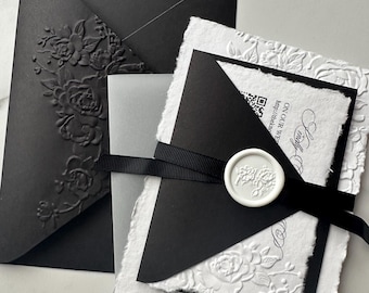 Embossed Wedding Invitations, Deckled Edge Handmade Cotton Paper, Roses white
