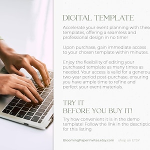 May include: A person's hands typing on a laptop keyboard. The screen is not visible. Text on the right side reads "DIGITAL TEMPLATE" and describes the benefits of using digital templates for event planning, including immediate access and editing flexibility.