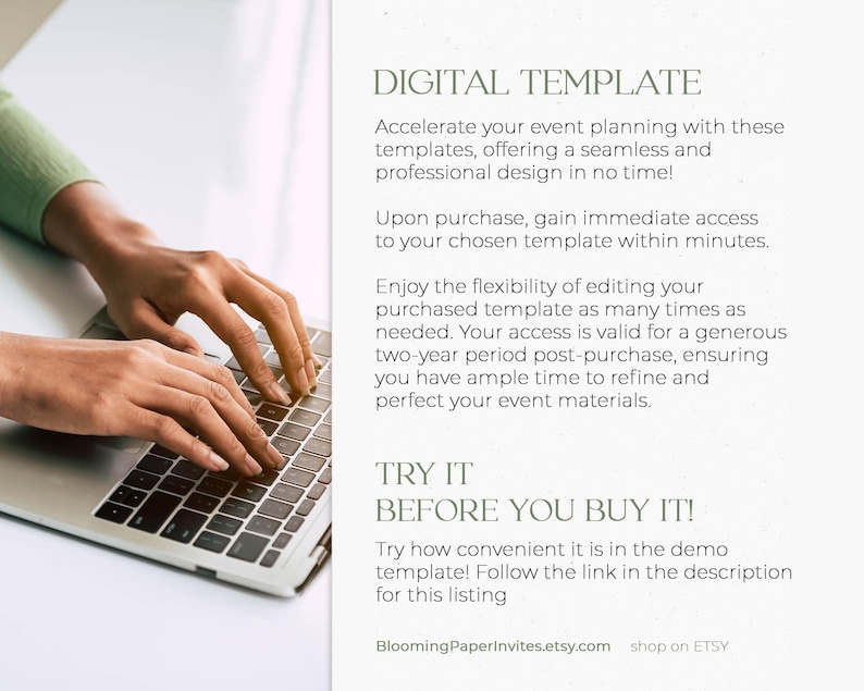 May include: A person's hands typing on a laptop keyboard. The screen is not visible. Text on the right side reads "DIGITAL TEMPLATE" and describes the benefits of using digital templates for event planning, including immediate access and editing flexibility.