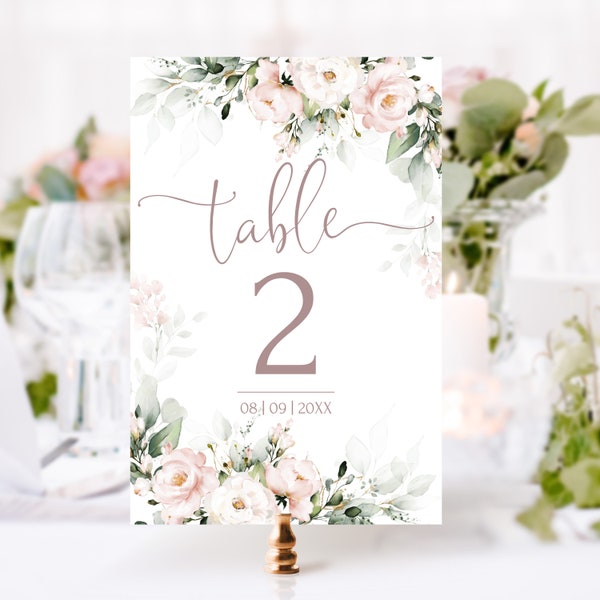 Soft Pink Table Numbers Template | Printable Blus Pink Wedding Table Numbers | Flowers Editable Table Numbers Card | ROSE