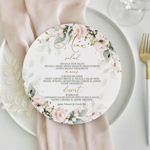Menú redondo rosa ruborizado, plantilla imprimible, menú circular moderno, menú de cena, flores rosas, tarjeta de menú de boda para despedida de soltera, ROSIE LE350