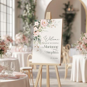Modèle de plaque de bienvenue pour mariage rose fard à joues, affiche de bienvenue florale modifiable, panneau de bienvenue pour mariage imprimable, panneau de bienvenue rose | ROSIE LE350