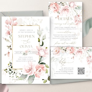 Modelo de pacote de convite de casamento rosa blush, suíte de convite de casamento rosa suave para impressão, convites de casamento rosa blush editáveis | ROSIE LE350
