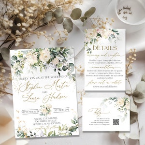 May include: Wedding invitation with a floral design featuring white and green flowers. The invitation includes the names Stephen Martin and Laura Hudson, the date September 28, the time 3:00 PM, and the location Arctic Club Hotel, 700 Third Avenue, Seattle, Washington. The invitation also includes details about the ceremony and reception, including the hotel and address, and a website address for more information.