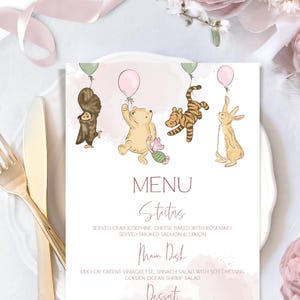 Plantilla de menú rosa de Winnie the Pooh, menú de postre rosa para baby shower, menú de fiesta imprimible rosa, tarjeta de menú de cena rosa suave