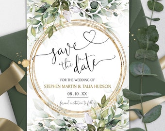 Sage Green Save the Date Template, Greenery Printable Save the Date Card, Eucalyptus Editable Save Date, STD Digital Template HEART | LE170