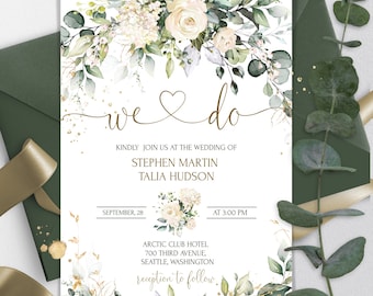 Romige Rose bruiloft uitnodiging sjabloon | Afdrukbare ivoor groen & gouden bruiloft uitnodigen | Bewerkbare We doen Bruiloft uitnodiging downloaden | MIA
