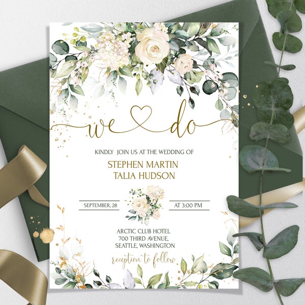 Creamy Rose Wedding Invitation Template | Printable Ivory Greenery & Gold Wedding Invite | Editable We do Wedding invite Download | MIA