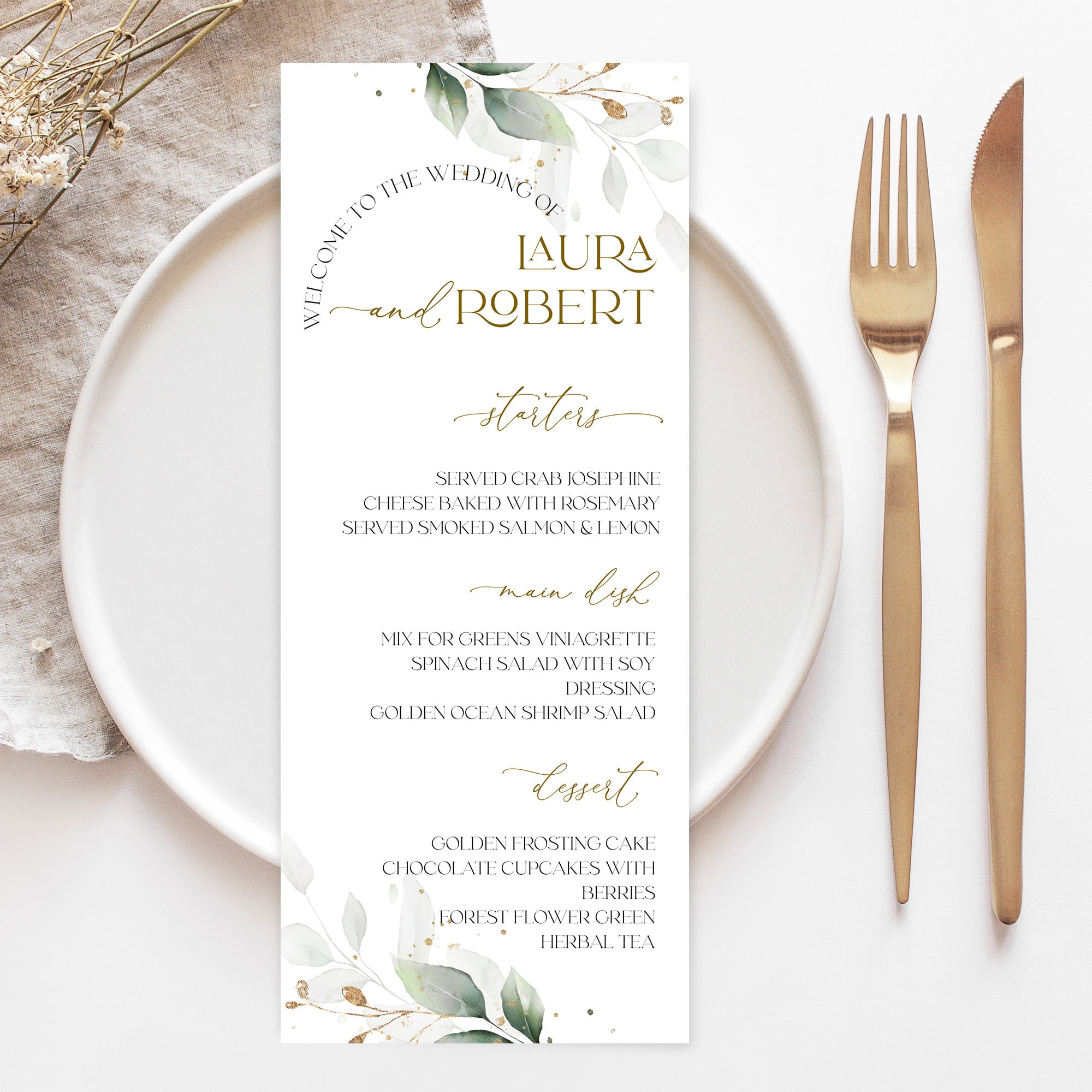 Eucalyptus Wedding Menu Template Printable Greenery Gold Menu Card ...