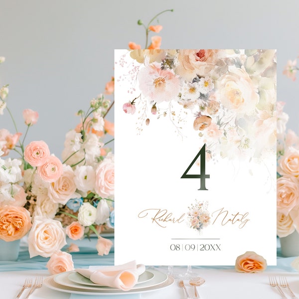 Peach Bloom Table Numbers Template | Printable Blush Peach Wedding Table Numbers | Editable Flowers Table Numbers Card Watercolor