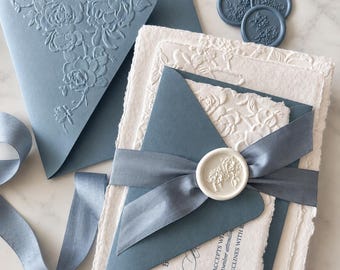 Embossed Wedding Invitations, Deckled Edge Handmade Cotton Paper, Roses Dusty blue