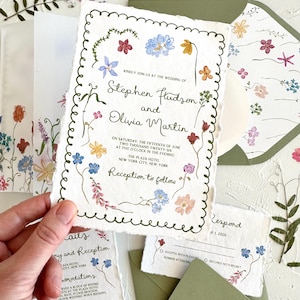 Whimsical Wildflowers Wedding Invitation Set 100 % cotton Handmade Paper envelope hand drawn