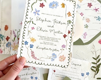Whimsical Wildflowers Wedding Invitation Set 100 % cotton Handmade Paper envelope hand drawn