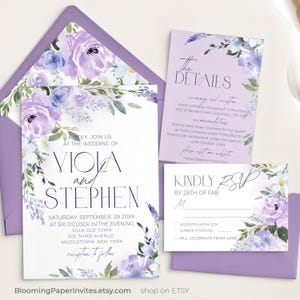 Flieder Hochzeitseinladung Bundle-Vorlage, Aquarell Blumen Violet druckbare Hochzeit einladen Reihe, lila bearbeitbare Hochzeit lädt ein Set