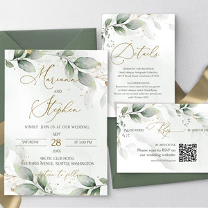 Salbeigrüne Hochzeitseinladungs-RSVP-Vorlage | Greenery Gold Hochzeitseinladung rsvp | Rsvp Qr Code Greenery Eukalyptus Einladungsset | Gnade