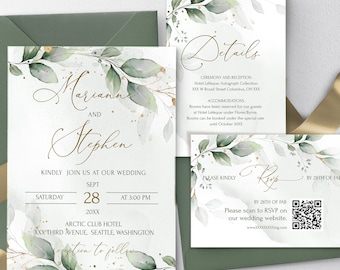 Sage Green Wedding Invitation Rsvp Template | Greenery Gold Wedding Invite rsvp | Rsvp Qr code Greenery Eucalyptus Invitation set | GRACE