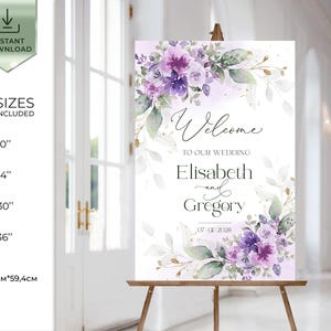 Floral lilac wedding sign, elegant purple welcome poster for ceremony or reception