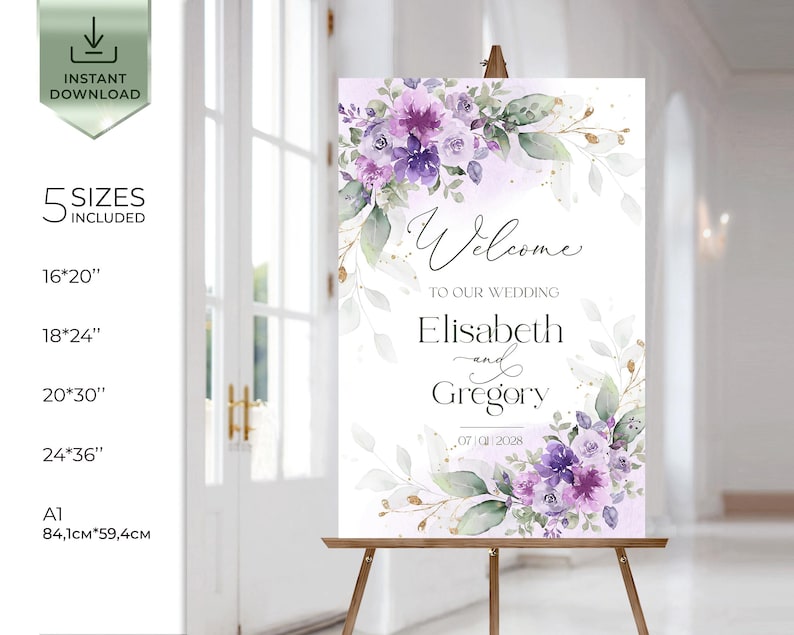 Floral lilac wedding sign, elegant purple welcome poster for ceremony or reception