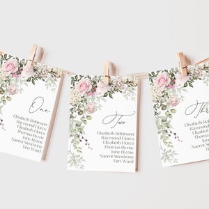 Blush roze bruiloft zitplaatsen kaartsjabloon, zachtroze afdrukbare plattegrond, hangende zitplank, tafel zitplaatsen tabel kaart thee ROSE