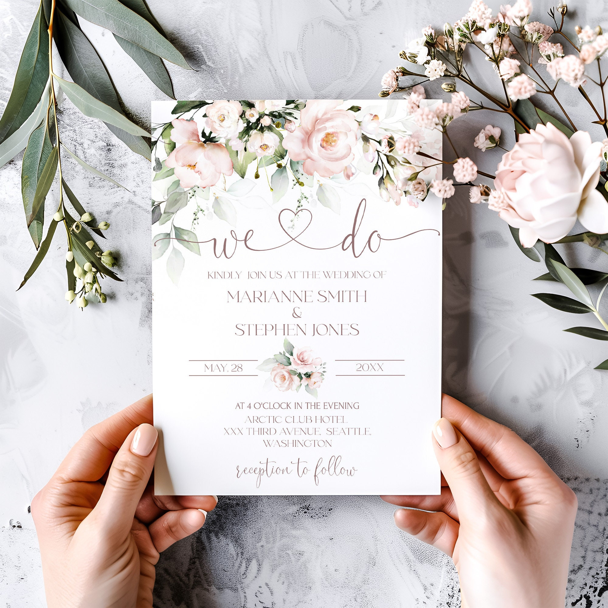 Blush Pink Wedding Invitation Template | Printable Soft Pink Wedding Invite | Editable Blush Pink Wedding invites | ROSE LE270