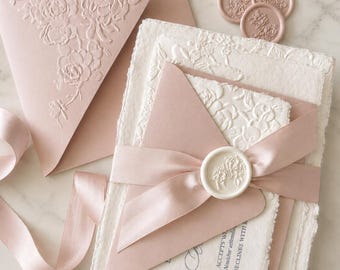 Pink Wedding Invitation Set Handmade Paper: Deckled Edge, Monogram, Vellum Jacket