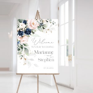 Modèle de plaque de bienvenue pour mariage bleu marine | Poster de bienvenue éditable rose blush | Panneau de bienvenue floral imprimable pour mariage | HARPER