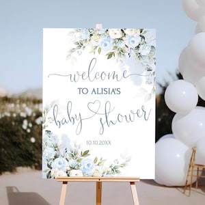 Willkommensschild für Babyparty blau | Weiches Blau druckbares Baby Zeichen | Blumen Babyparty Willkommens-Poster | Blaue Willkommenstafel |  PF750
