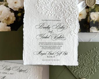 Embossed Wedding Invitations, Deckled Edge Handmade Cotton Paper, Roses green