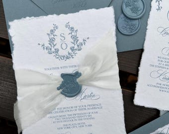 Dusty Blue Wedding Invitation Set Cotton Paper: Handmade Paper Deckled Edge, Monogram