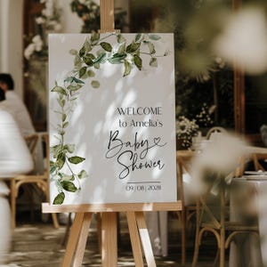 Modernes Babyparty-Willkommens-Schild | Druckbares Greenery Schild | Poster Eukalyptus Babyparty | Grüne Blätter Willkommenstafel