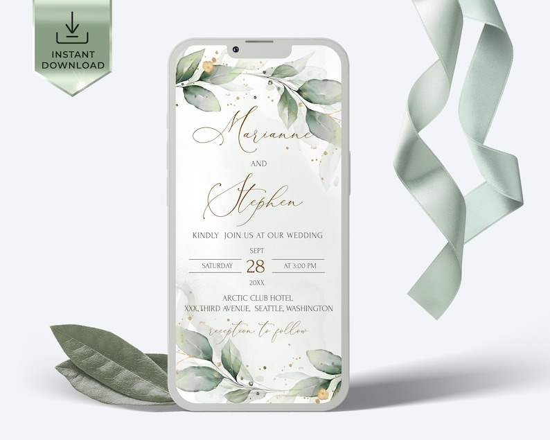 Greenery Wedding Digital Invitation Template | Eucalyptus Wedding Text Sms Invite | Editable Wedding Electronic Invitation | GRACE