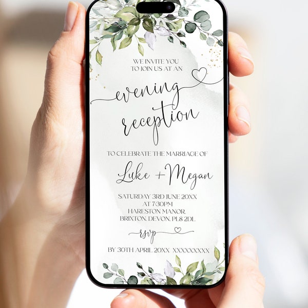 Green Evening Reception Digital Invitation Template | Eucalyptus Wedding Electronic Invite | Editable Wedding Online E- invite HEART | LE170