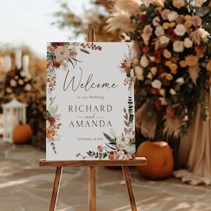 Plaque de bienvenue pour mariage automne en terre cuite, modèle de plaque de bienvenue en cuivre orange brûlé, plaque de mariage floral, panneau automne éditable en téléchargement