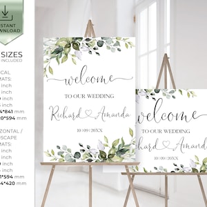 Green Wedding Welcome Sign Template | Printable Wedding Welcome Poster, Greenery Custome Welcome Board, Personalised Sign HEART | LE170