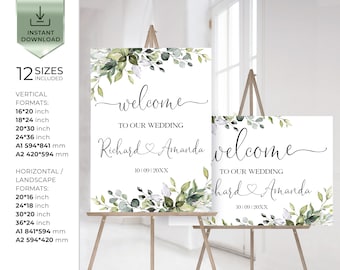 Letrero de bienvenida de eucalipto para boda: Plantilla imprimible con vegetación CORAZÓN / LE170