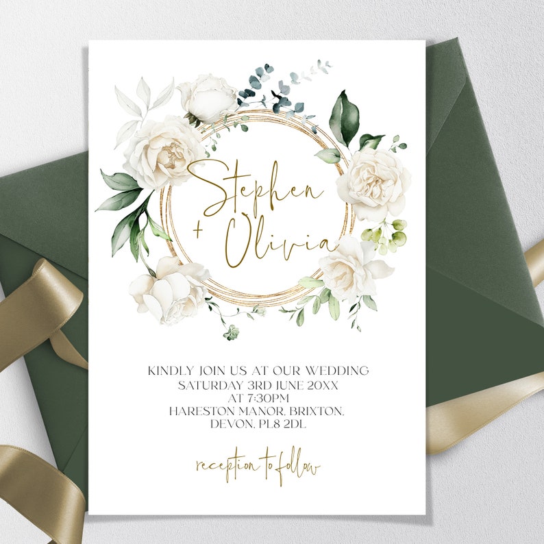 White Flowers Wedding Invitation Template: Creamy Rose & Greenery ...