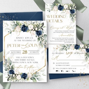 Blauwe bruiloft uitnodiging bundelsjabloon, afdrukbare koningsblauwe bloemen uitnodigen set Qr-code Rsvp, bewerkbare marineblauwe bruiloft uitnodiging OTTO LE300
