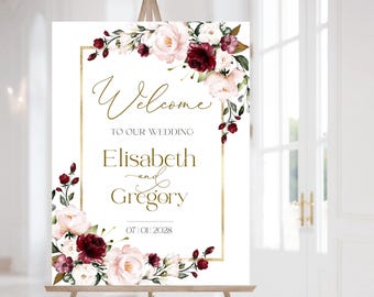 Burgundy Wedding Welcome Sign Template: Editable Gold & Blush (Printable Poster Digital Download)