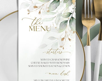 Greenery Wedding Menu Template | Printable Modern Menu Card | Editable Eucalyptus Dinner Menu | Sage green Wedding Menu Card | GRACE