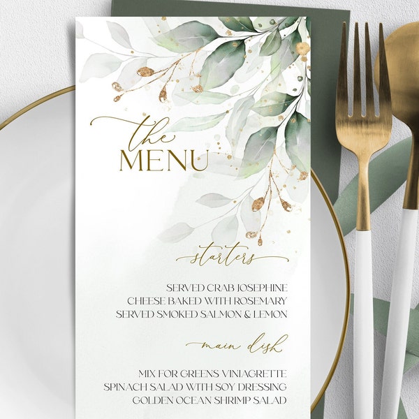 de Menu de mariage de verdure | Carte de menu moderne imprimable | Menu du dîner à l'eucalyptus modifiable | Carte de menu de mariage vert sauge | GRÂCE