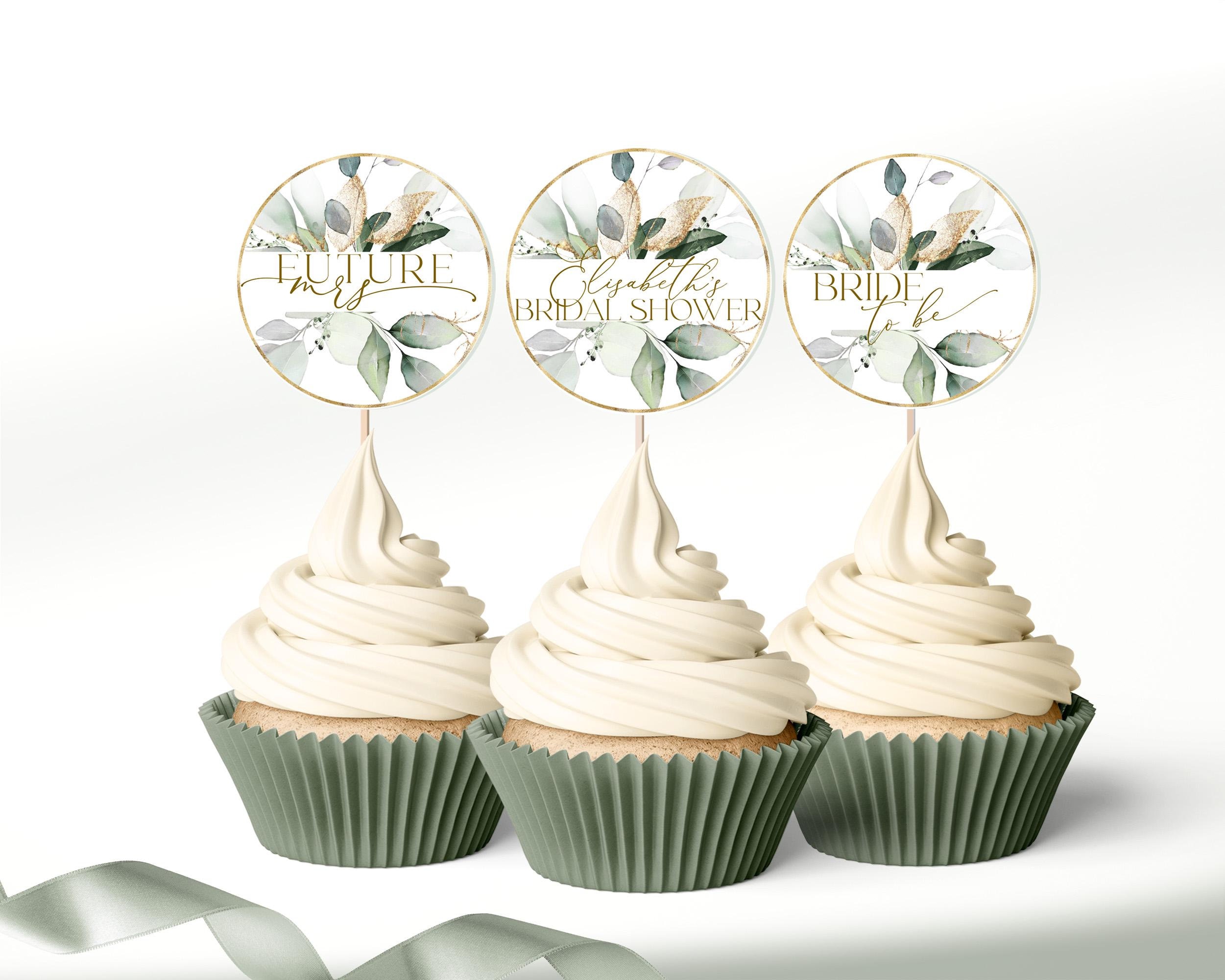 Sage Cupcake Toppers Template for Bridal Shower Party, Printable Greenery Gold Cupcake Topper, Editable Template Eucalyptus tag GRACE LE220
