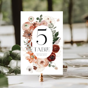 de table numéros d'automne, carte imprimable numéros de table de mariage bohème en terre cuite, numéros de table boho modifiables marsala | Bourgogne