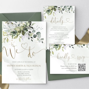 We Do Wedding Invitation Bundle Template, Printable Greenery & Gold Wedding Invite, Editable Eucalyptus Wedding invites Set HEART | LE170