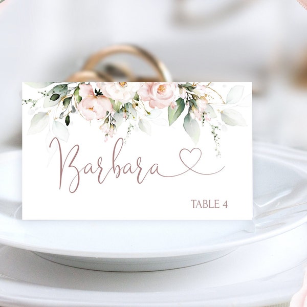 Wedding Pink Place card Template | Blush Pink Flowers Editable Wedding Table Name card | Printable Seat Cards | AVERY Card 5302 | ROSE