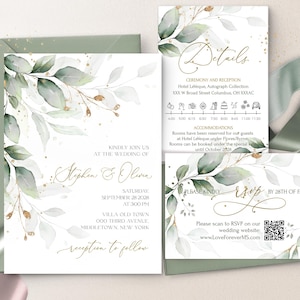 Suite d'invitations vert sauge – Modèle numérique élégant avec code QR RSVP | Mariage vert et or Faire-part de mariage GRACE | LE220
