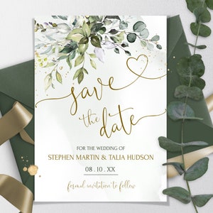 Eukalyptus Save the Date mit Herz | Greenery Save the Date Karte | Grünes Eukalyptus bearbeitbares Save The Date DIY HERZ | LE170