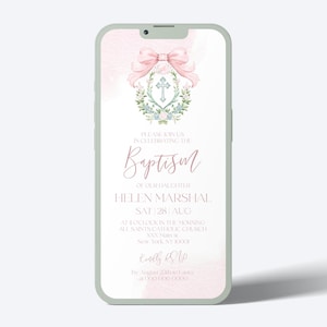 Pink Bow Baptism Digital Invitation Template, Pink Christening Electronic Invite | Editable Pink Baptism Online iPhone invite